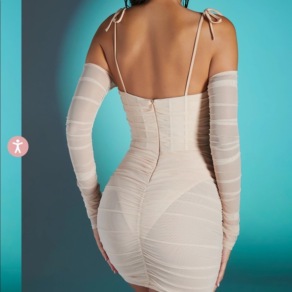 Oh Polly Amiens Tie Mesh Mini Dress Sand - Picture 3 of 4